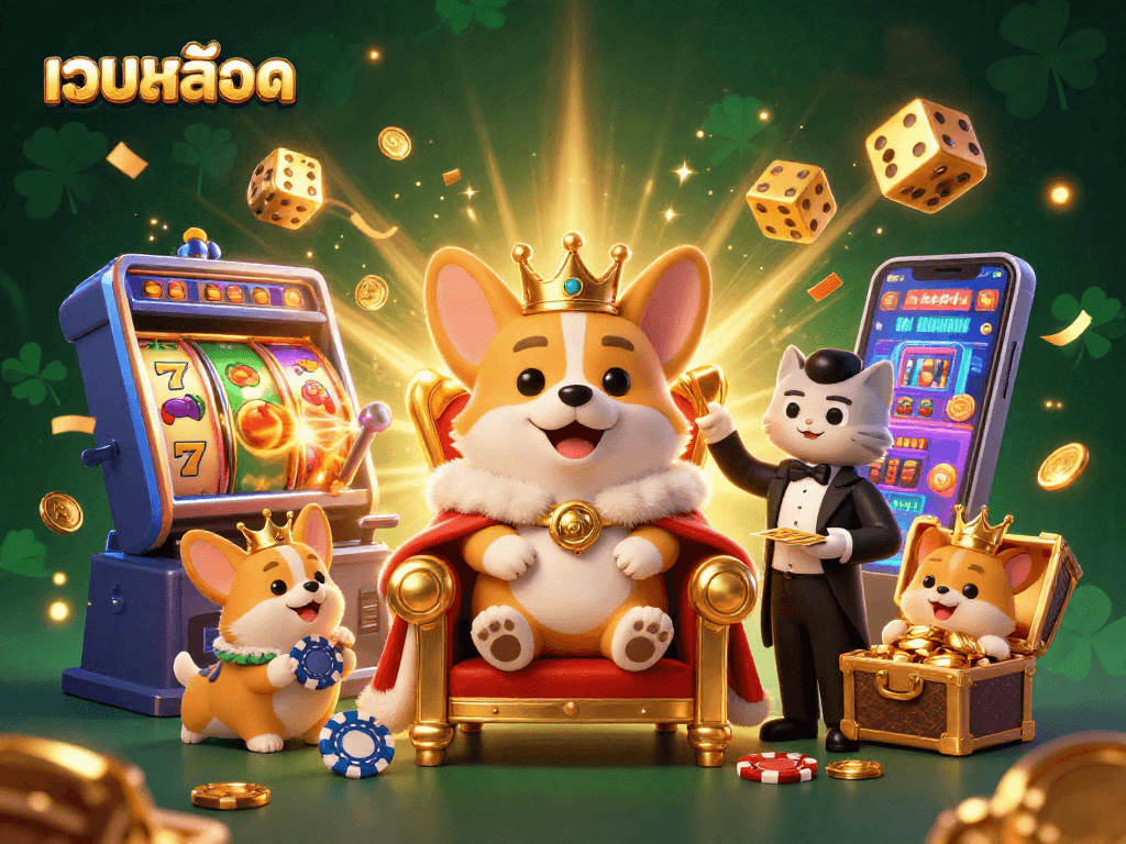 Experience เว็บสล็อต excitement with a royal corgi on a jackpot throne amidst vibrant casino elements.