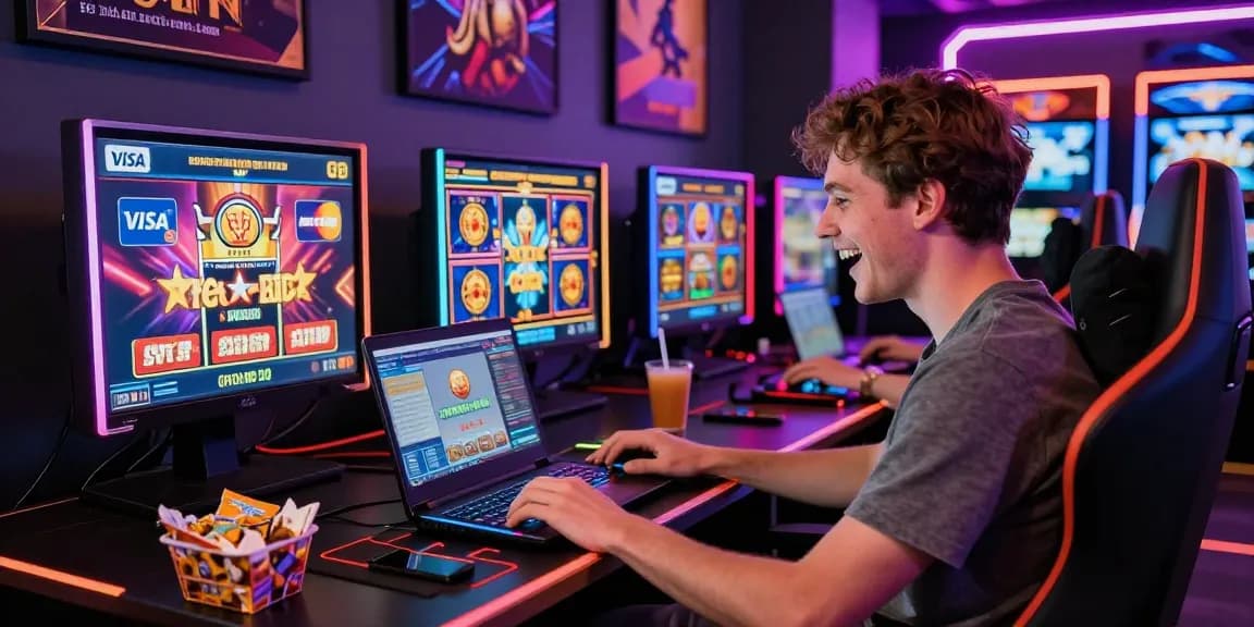 Excited player enjoying the thrill of credit card casinos UK with Visa and Mastercard at a vibrant digital gaming setup.