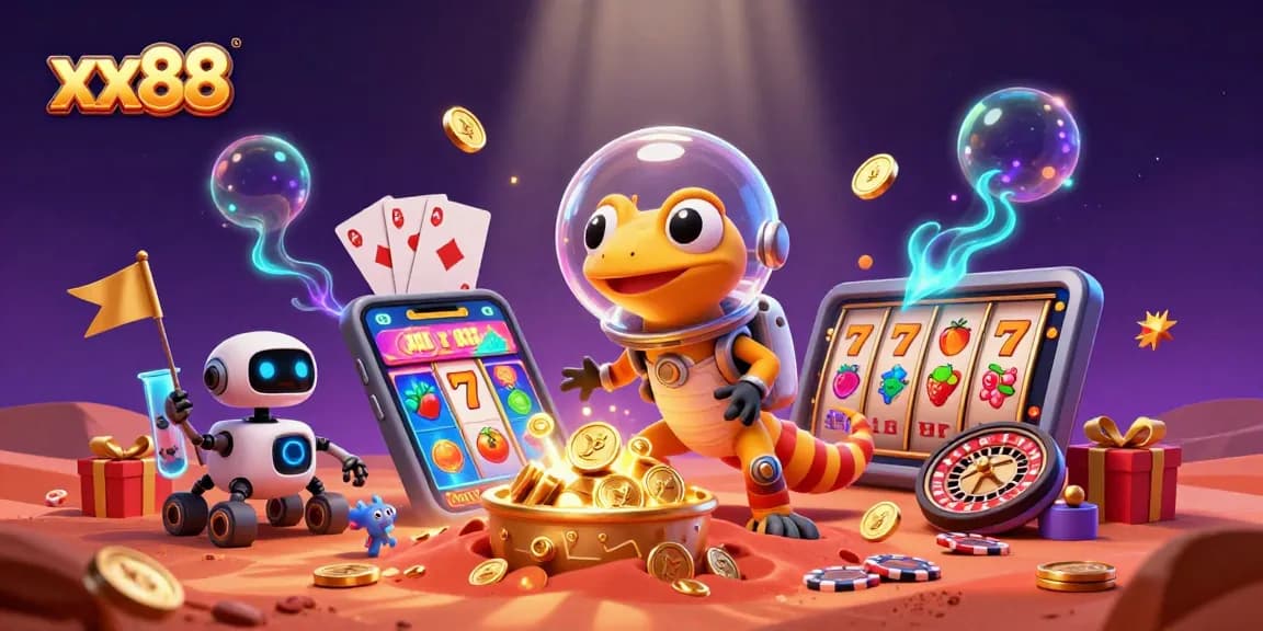 Spin and win in the vivid game universe of xx88, as Martian characters explore a golden casino.