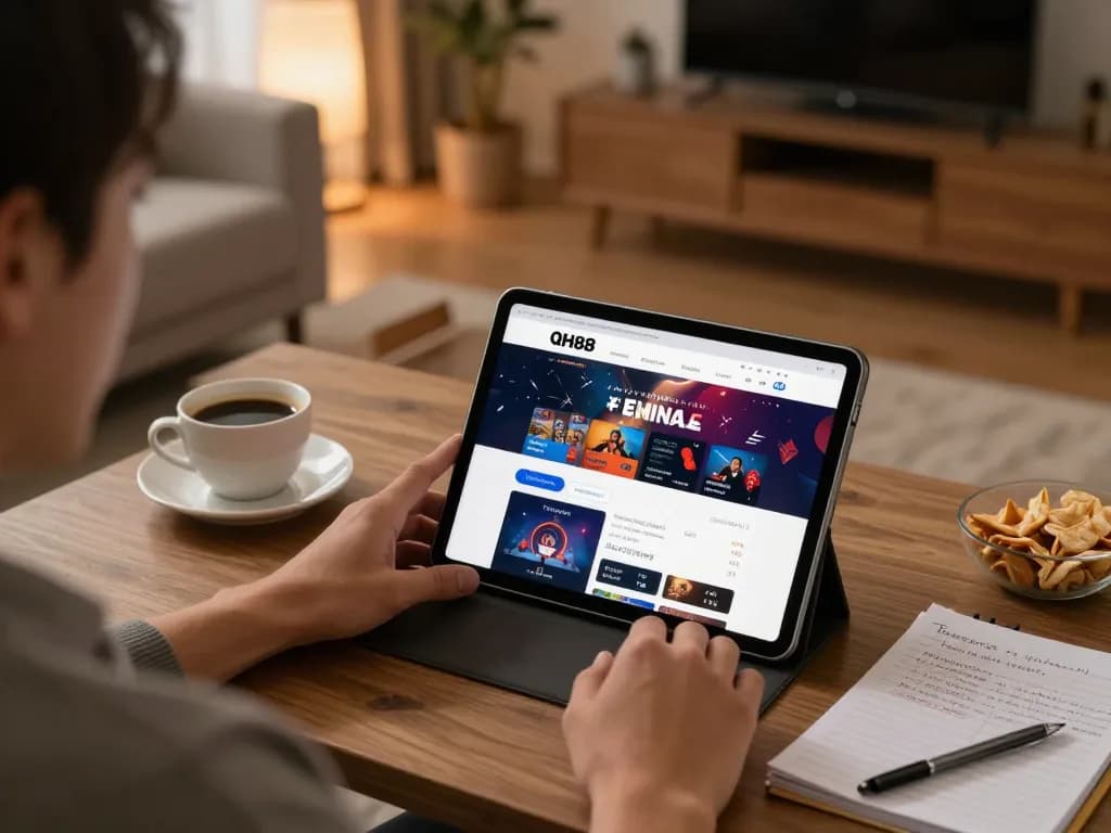 A person enjoying online betting at nhà cái uy tín Qh88 on a tablet, with cozy ambiance and stacked gameplay notes.