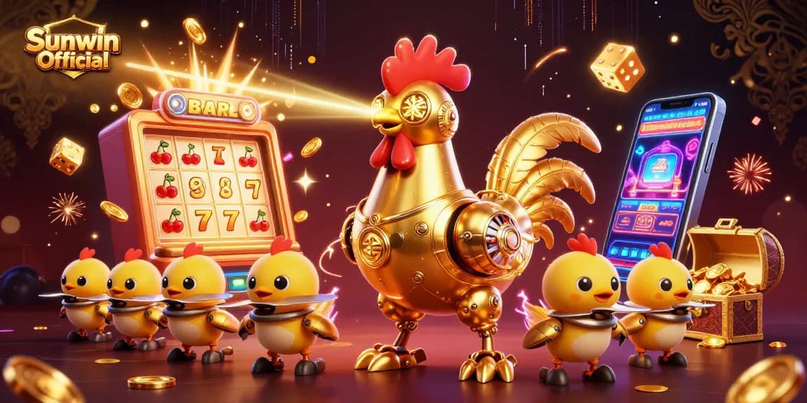 Engage with Sunwin Official's vibrant gaming environment, featuring a golden rooster robot and exciting slot action.