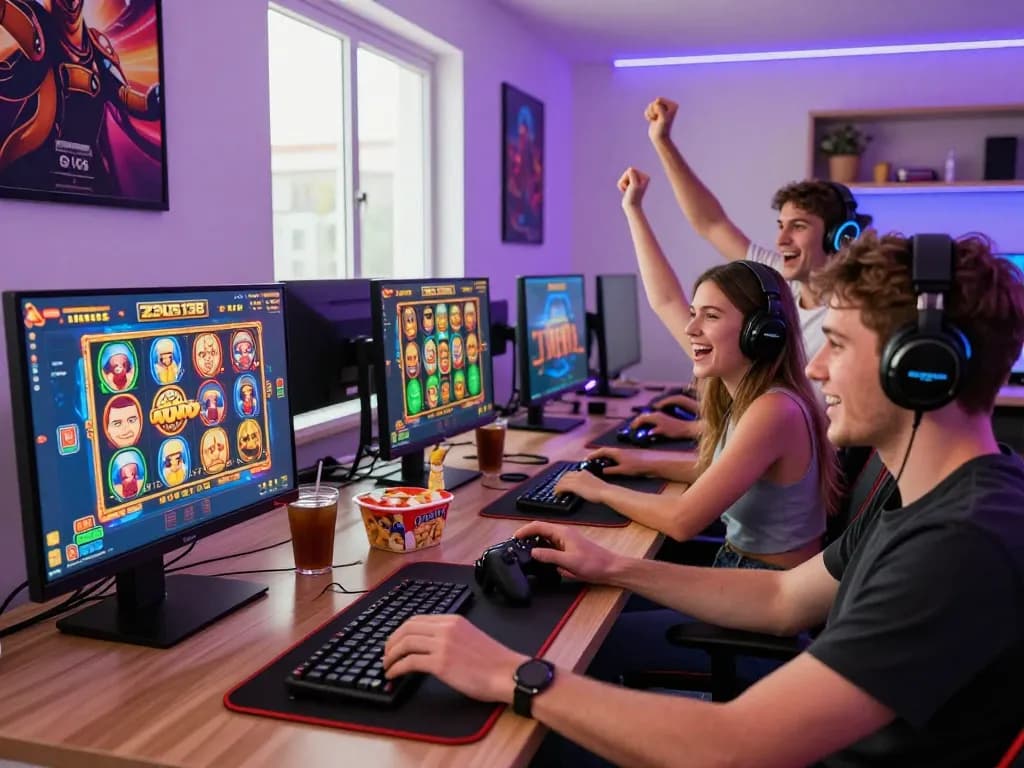 Players enjoying Zeus138 online slots in a lively gaming environment with snacks and gaming gear.