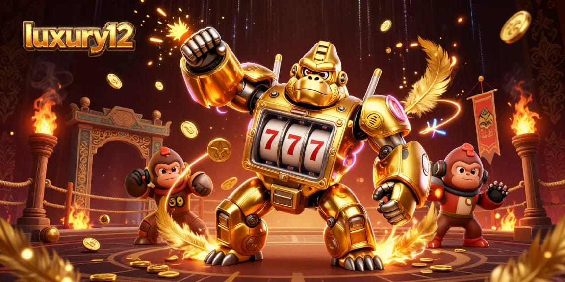 Gorila emas transformer luxury12 mengalahkan slot dan menghasilkan koin di arena judi.