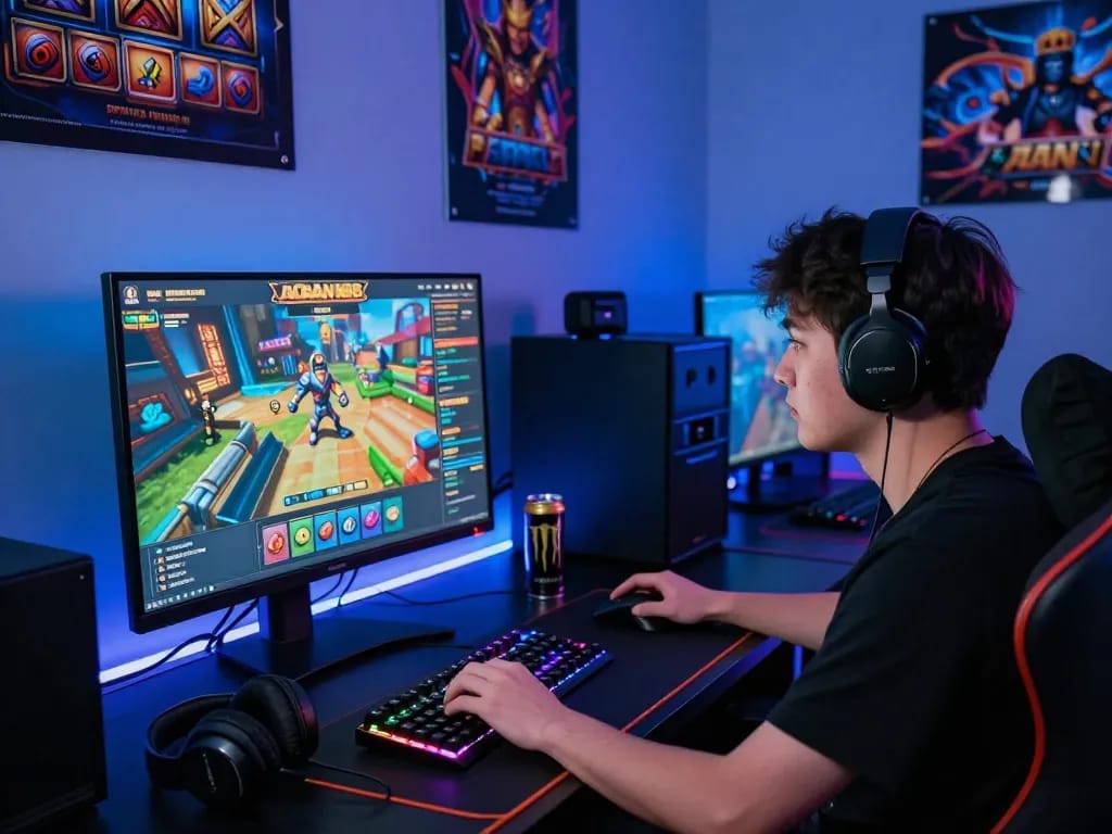 Pemain yang terlibat di setup permainan slot online LAOBAN188 dengan pencahayaan dan aksesori yang cerah.