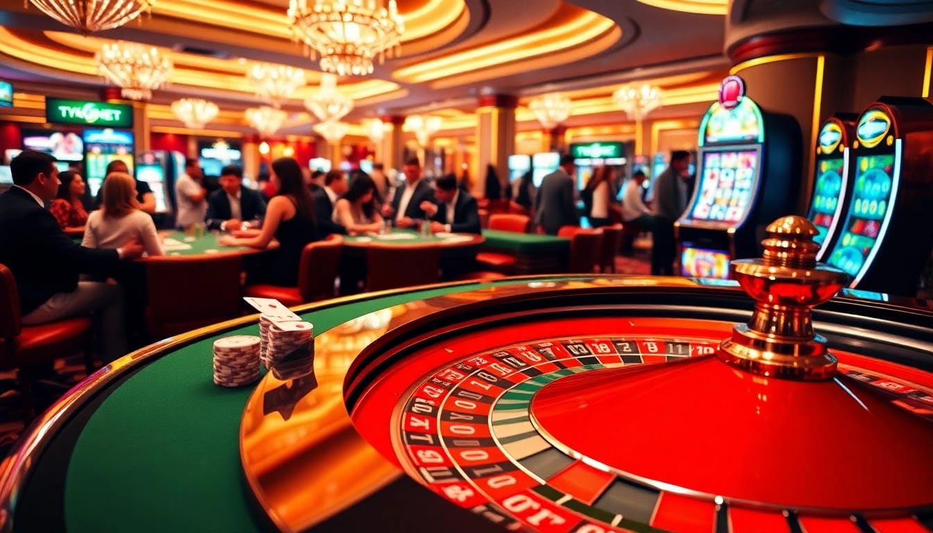 Exciting gamblers engaging at a luxurious casino featuring games from https://tg88.za.com/, like roulette and poker.