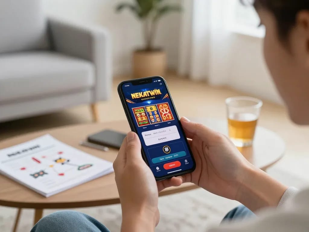Nekatwin mobile gaming experience on smartphone, enjoying slots in a cozy home setting.
