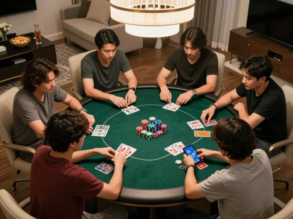 Engaging poker game night with players enjoying mega888 original apk in a cozy home setting.
