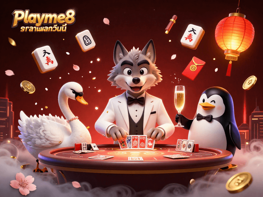 เล่น Playme8 ราคาบอลวันนี้ ที่โต๊ะบาคาร่าสวยงามโดยมีการ์ตูนหมาป่าสวมชุดหรู