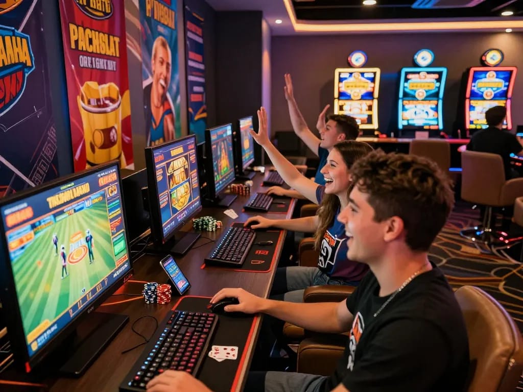 Dynamic gaming scene showcasing Nhà Cái Kuwin with players enjoying diverse online games in a vibrant lounge
