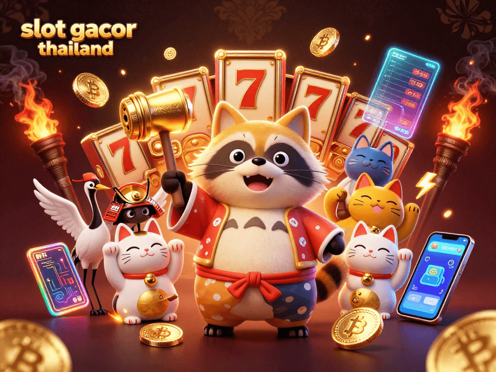 Experience slot gacor thailand with a cheerful tanuki and lucky symbols in a lively casino scene.