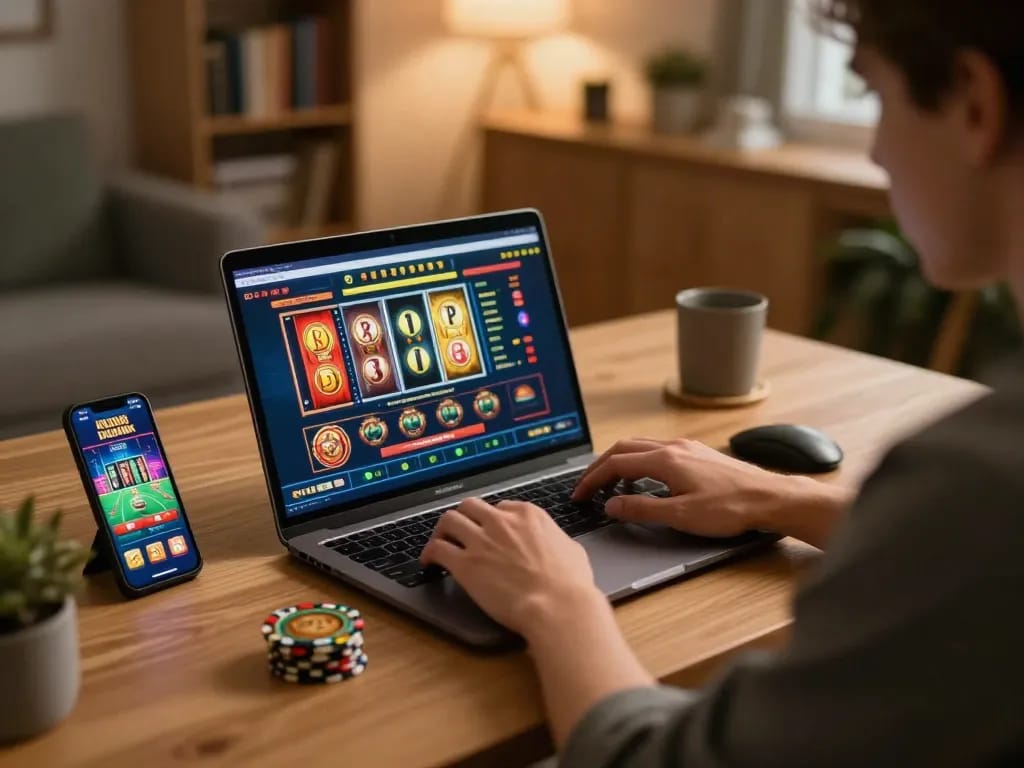 Aman788 player enjoying engaging online slot games on a laptop, showcasing vibrant gaming interface.