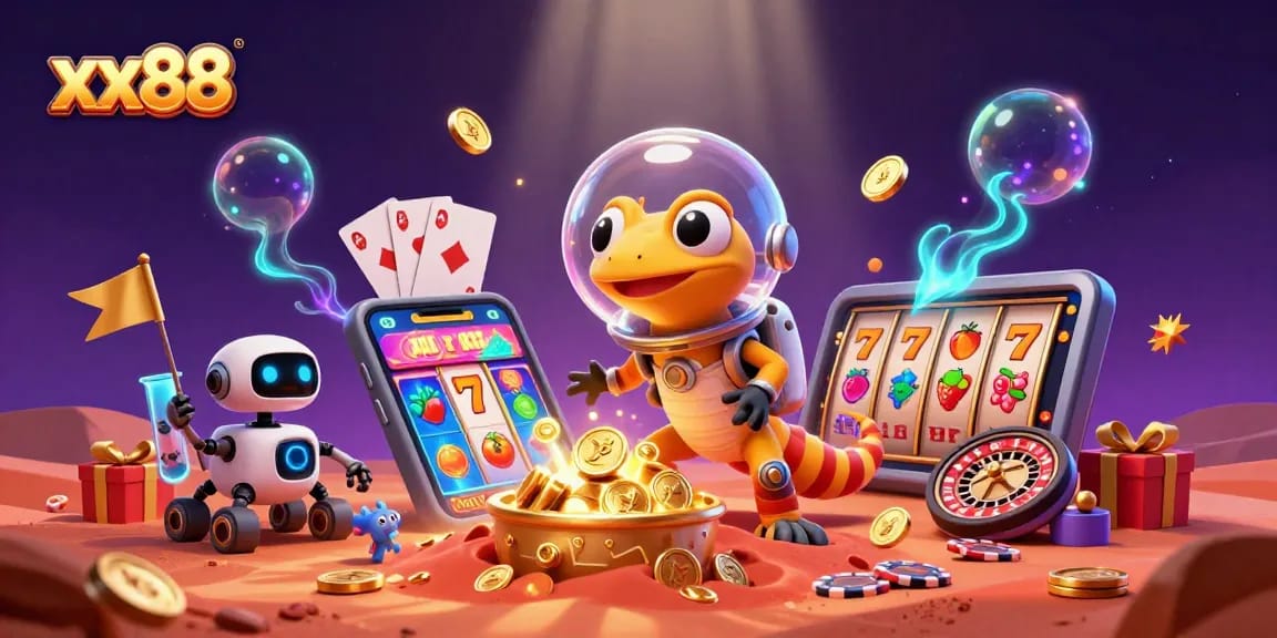 Spin and win in the vivid game universe of xx88, as Martian characters explore a golden casino.