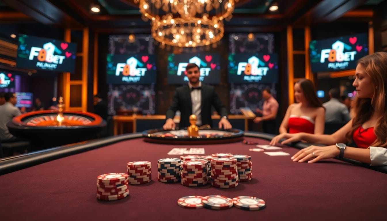 F8BET's dynamic gaming experience with stylish poker tables and lively players, all in a luxurious casino setting.