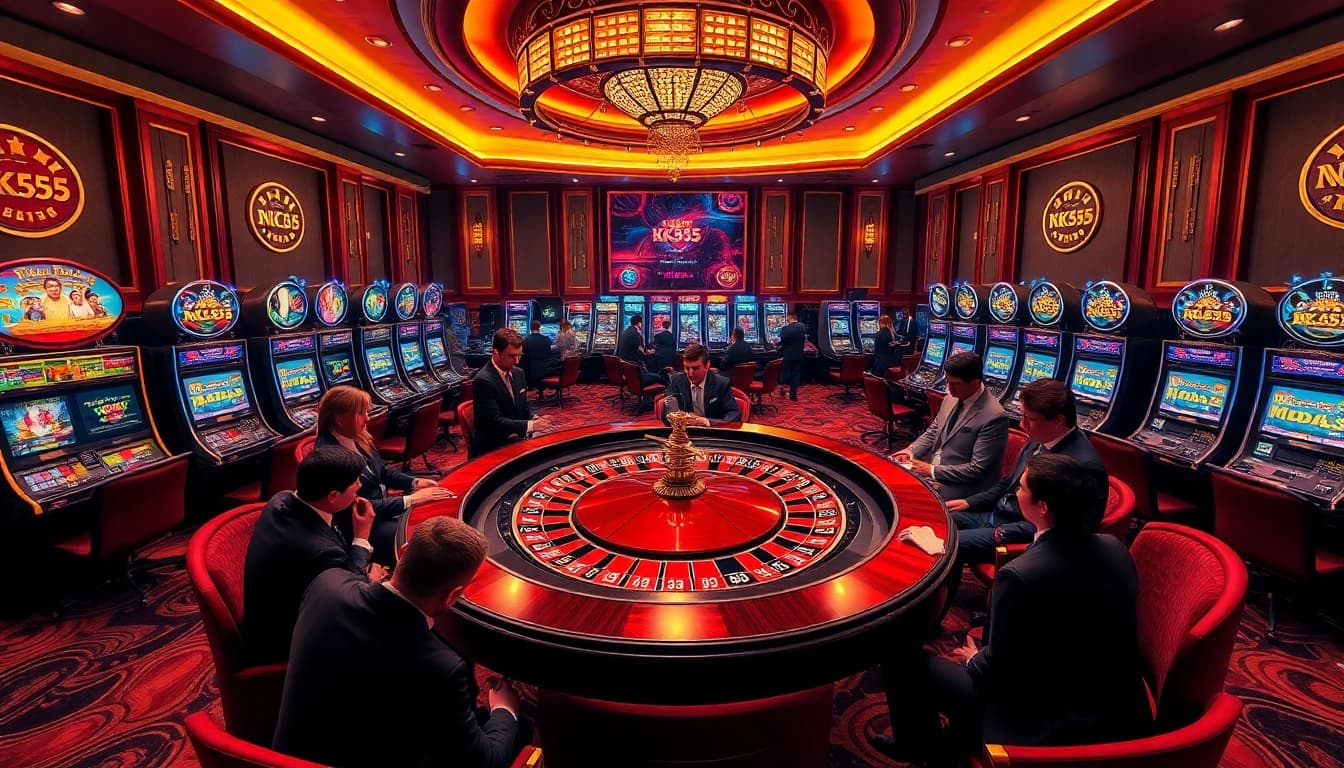 KK55 players placing bets at a vibrant roulette table in a luxurious casino environment.