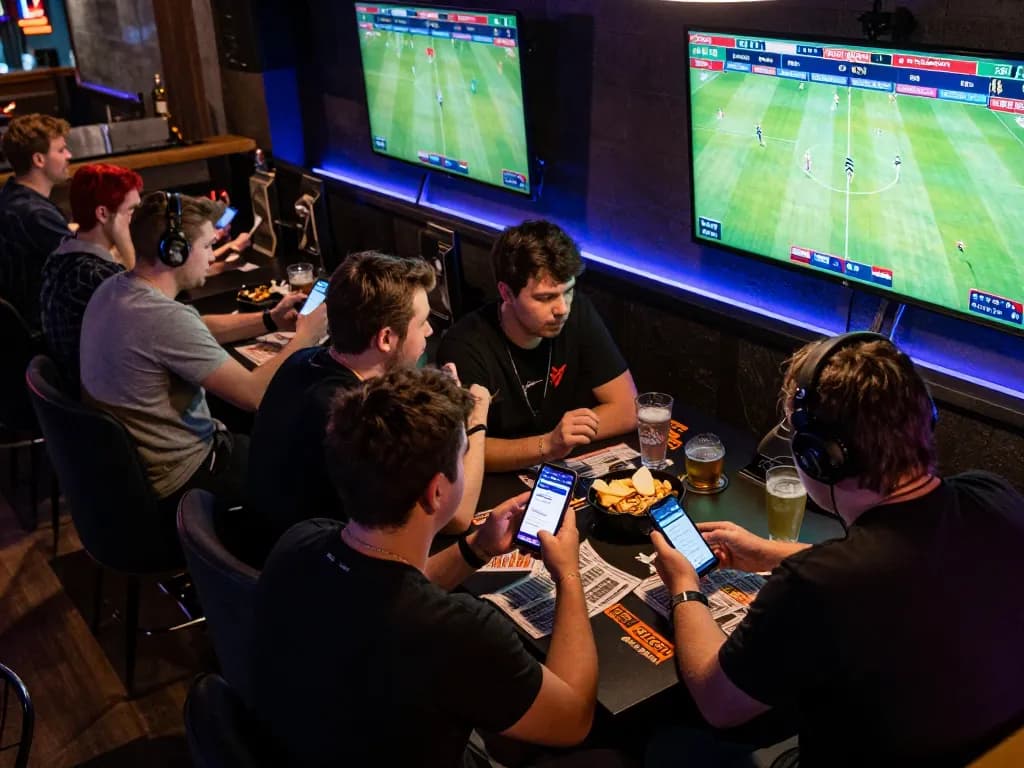 SBOBET88 login screens visible at a lively sports betting event with patrons engaging and cheering