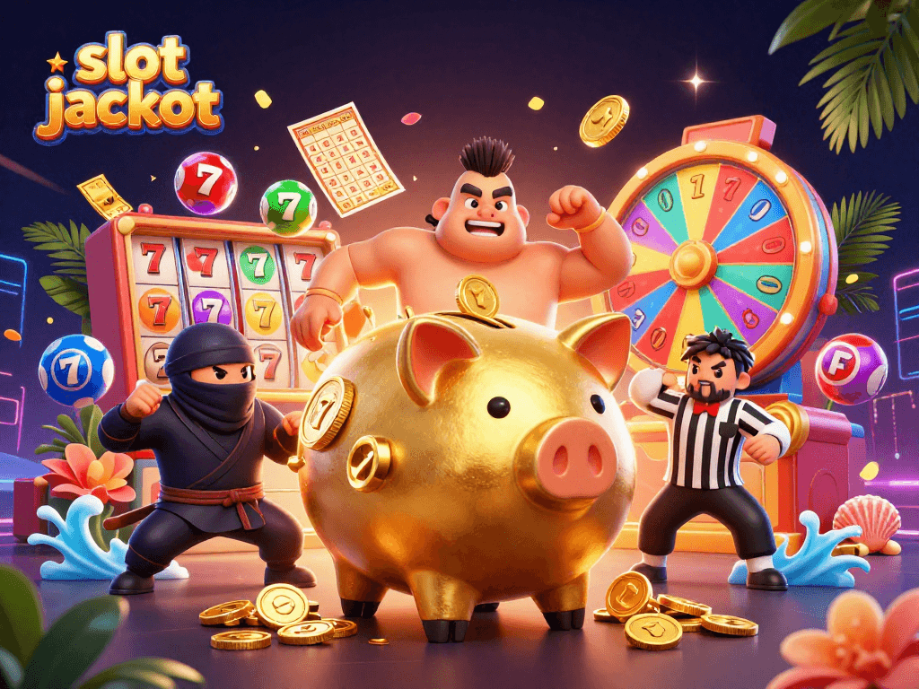 Catch the excitement of a slot jackpot as a golden piggy bank sumo wrestler shakes loose coins in this vibrant casino scene.