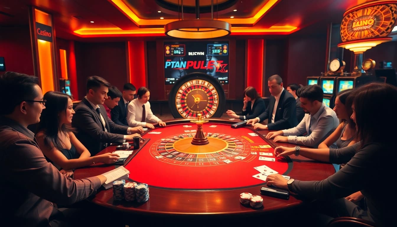 Experience high-stakes gameplay at http://2haywin.pro/ with an exhilarating casino scene featuring vibrant tables and engaged players.