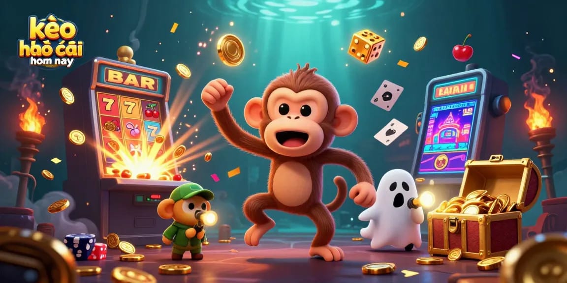 Experience kèo nhà cái hôm nay with a playful poltergeist monkey juggling gold in a haunted casino scene.
