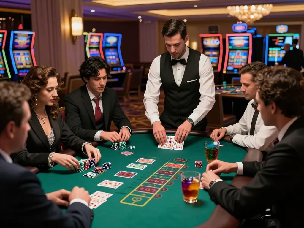 Players at a luxe casino table enjoying blackjack gameplay, with du88 chips in play and a dynamic dealer overseeing the game.