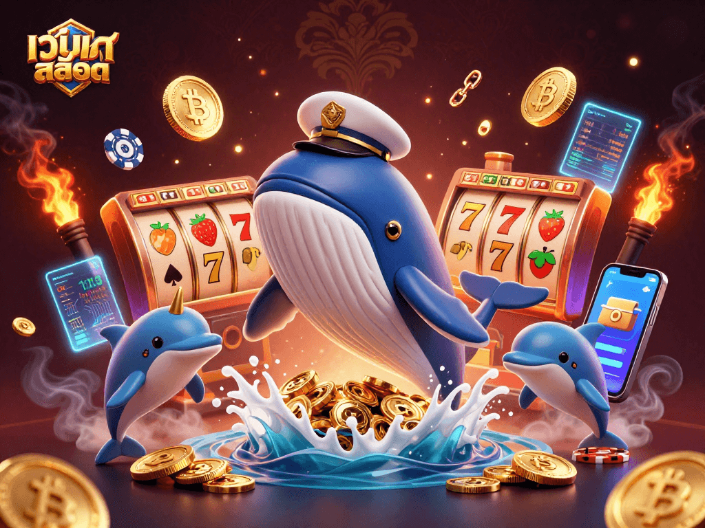 Experience thrilling เว็บสล็อต action with a massive whale and friends in a vibrant casino scene.