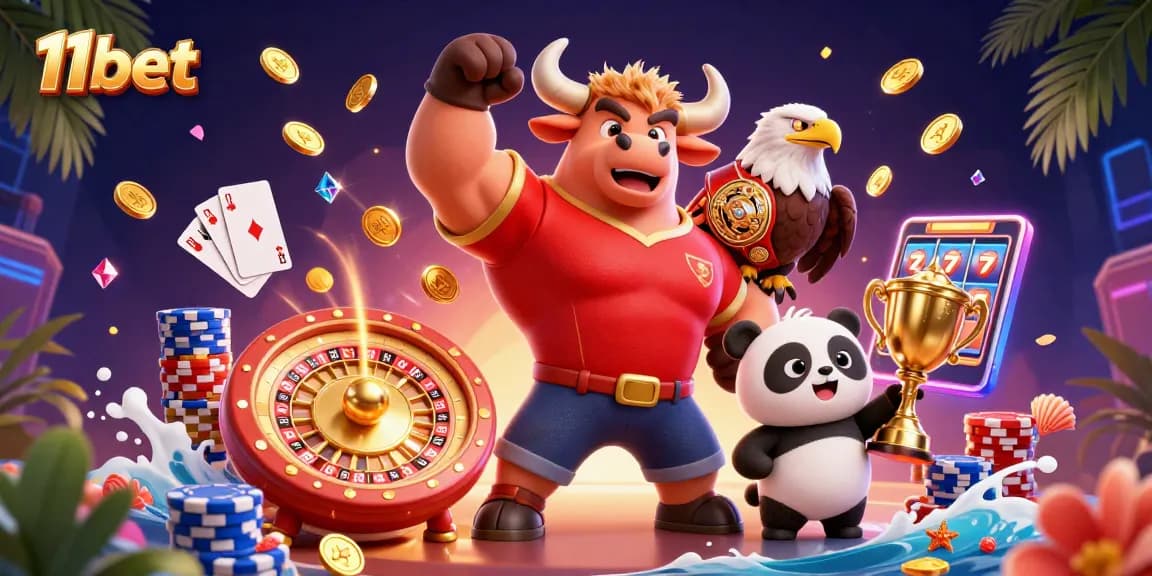 Experience the thrill of winning at 11bet with our dynamic casino scene featuring exciting game elements and characters.