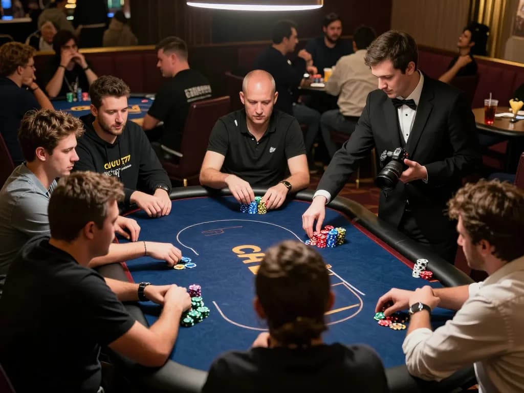 Exciting poker tournament action at CUCU777 with players strategizing and engaged in high-stakes gameplay.