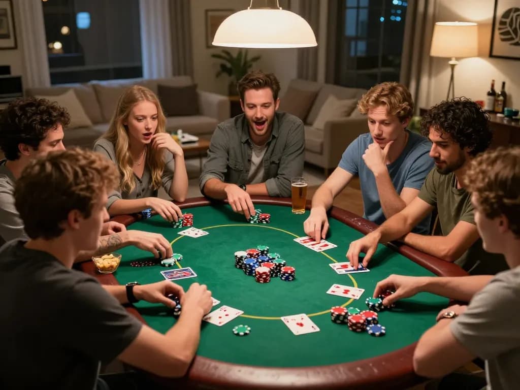 Friends enjoy a thrilling home poker night, playing Texas Hold'em around a table with colorful chips and cards for sun win.