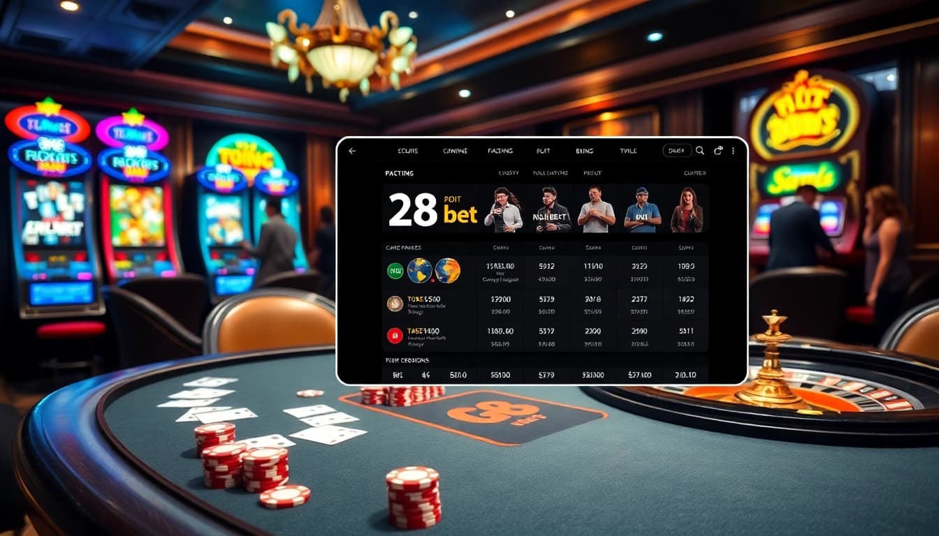 Exciting gambling action at a 28bets casino scene featuring poker and roulette tables.