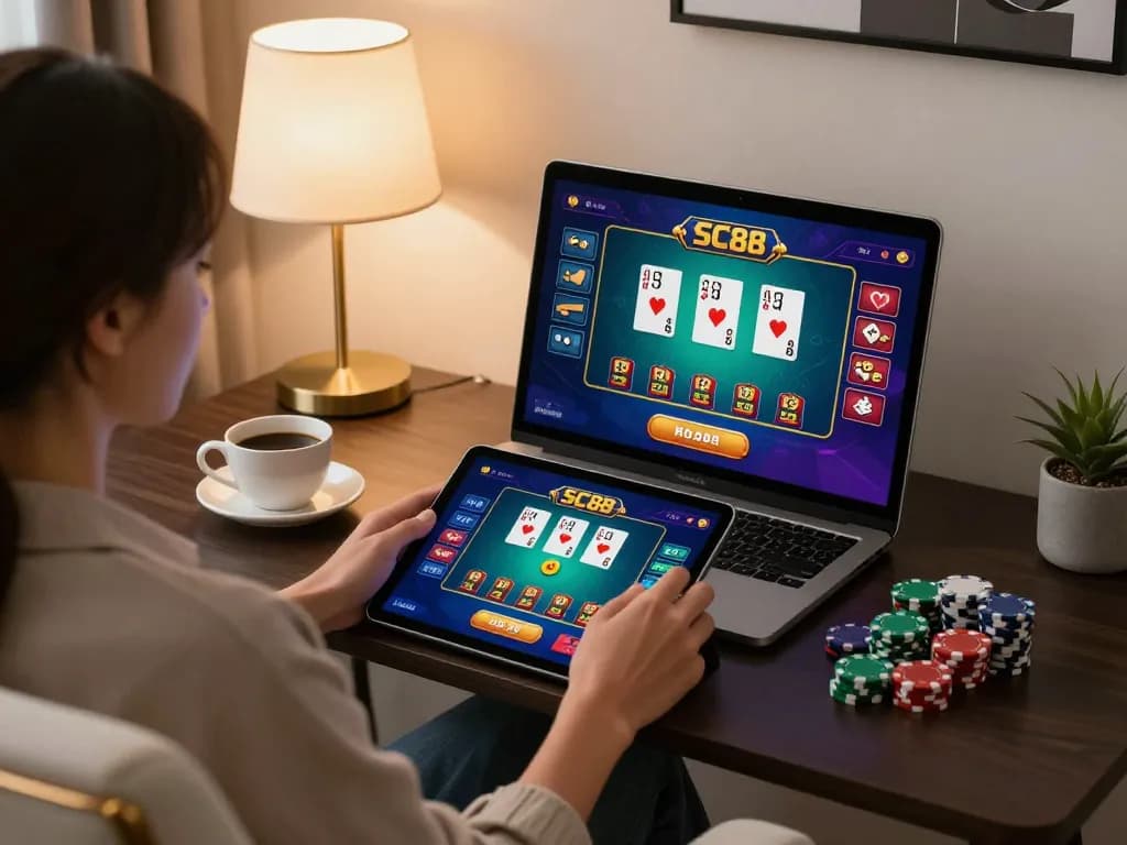 Engaged player strategizing wins on SC88 poker game at home.