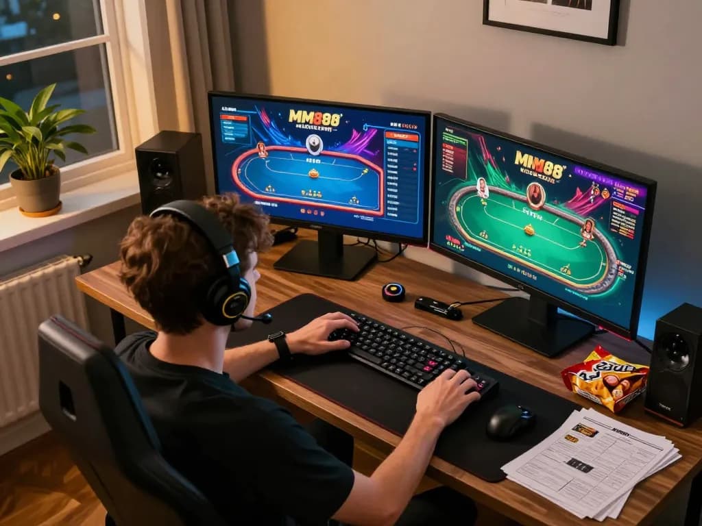 Engaging online casino gameplay experience on MM88 COM with dual monitors, snacks, and focus.
