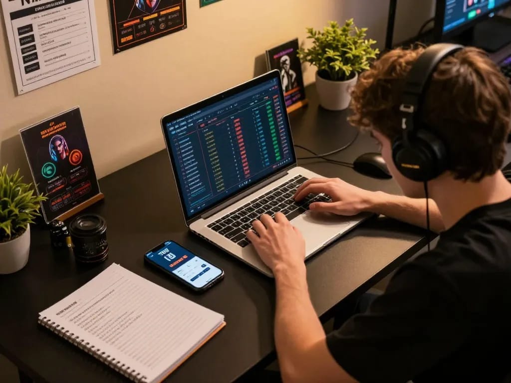 Player using the TR88 app for esports betting, highlighting strategy and analysis in a modern workspace.