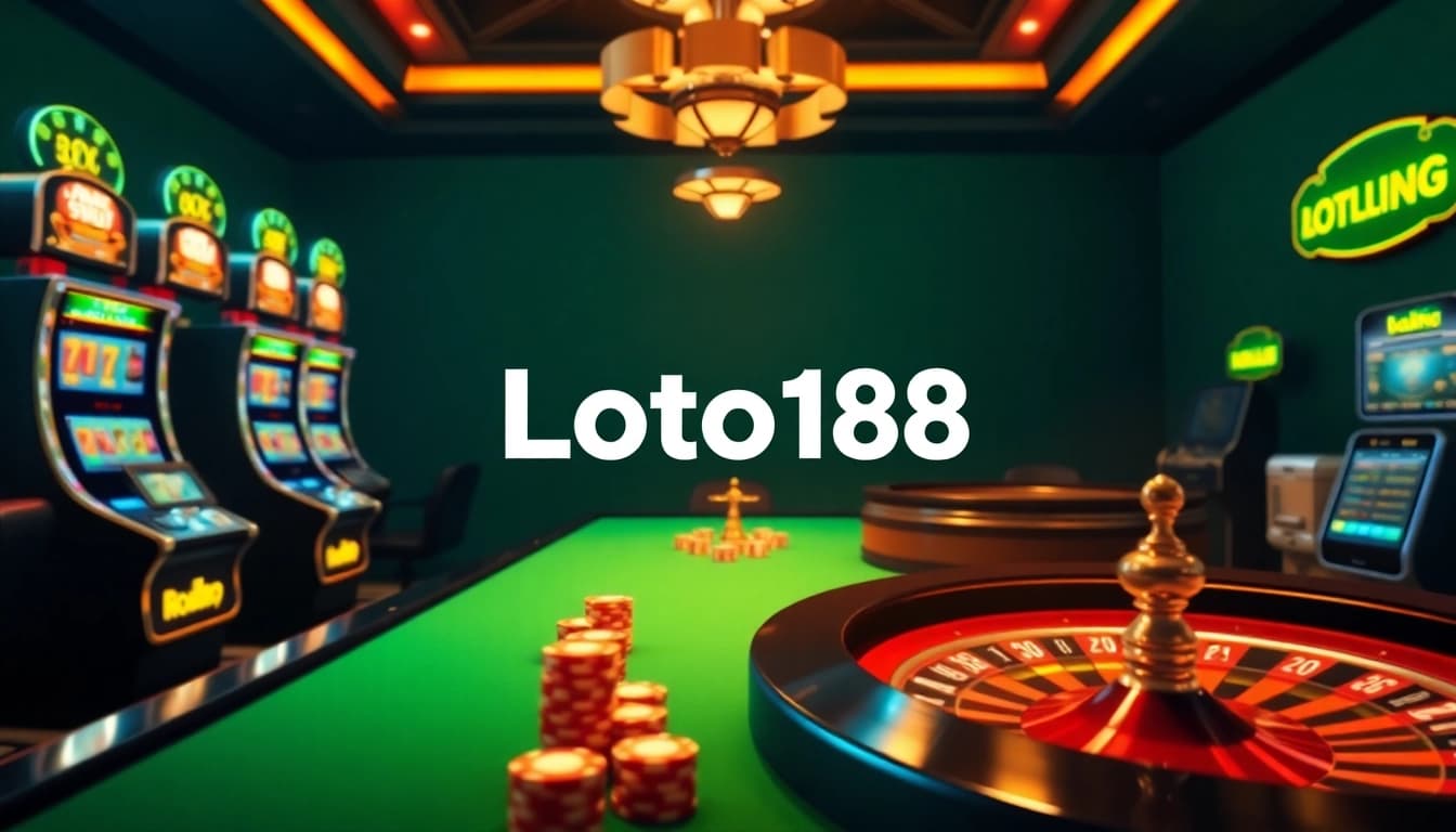 Loto188 players placing bets and enjoying a vibrant online casino experience with roulette and slot machines.