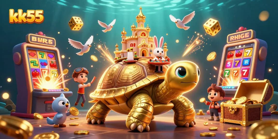 Experience thrilling slots at kk55 with cartoon characters, jackpot explosions, and golden coins.
