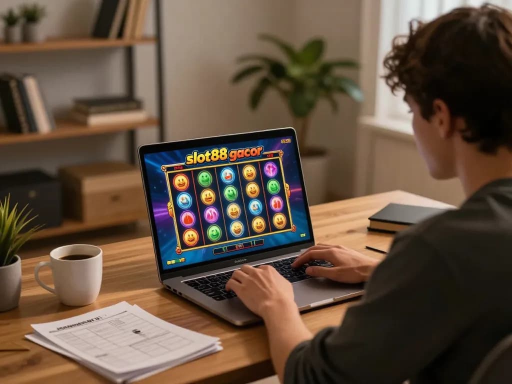 Engaged player enjoying slot88 gacor slot game on laptop in inviting home setup