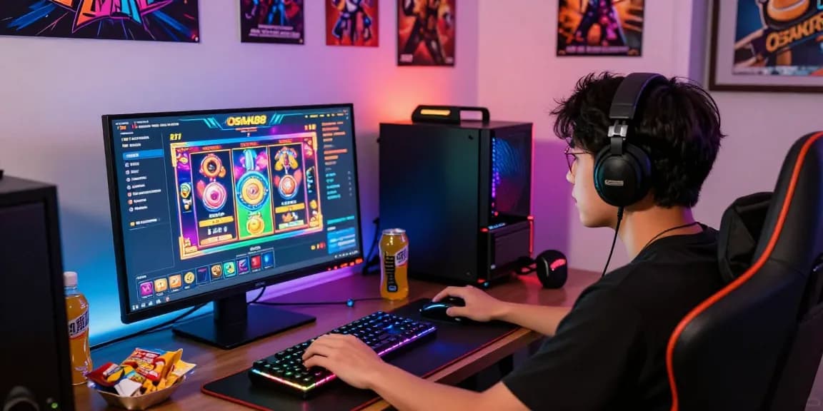 Player enjoying OSAKA88 online gaming experience with vibrant interface and gaming setup.