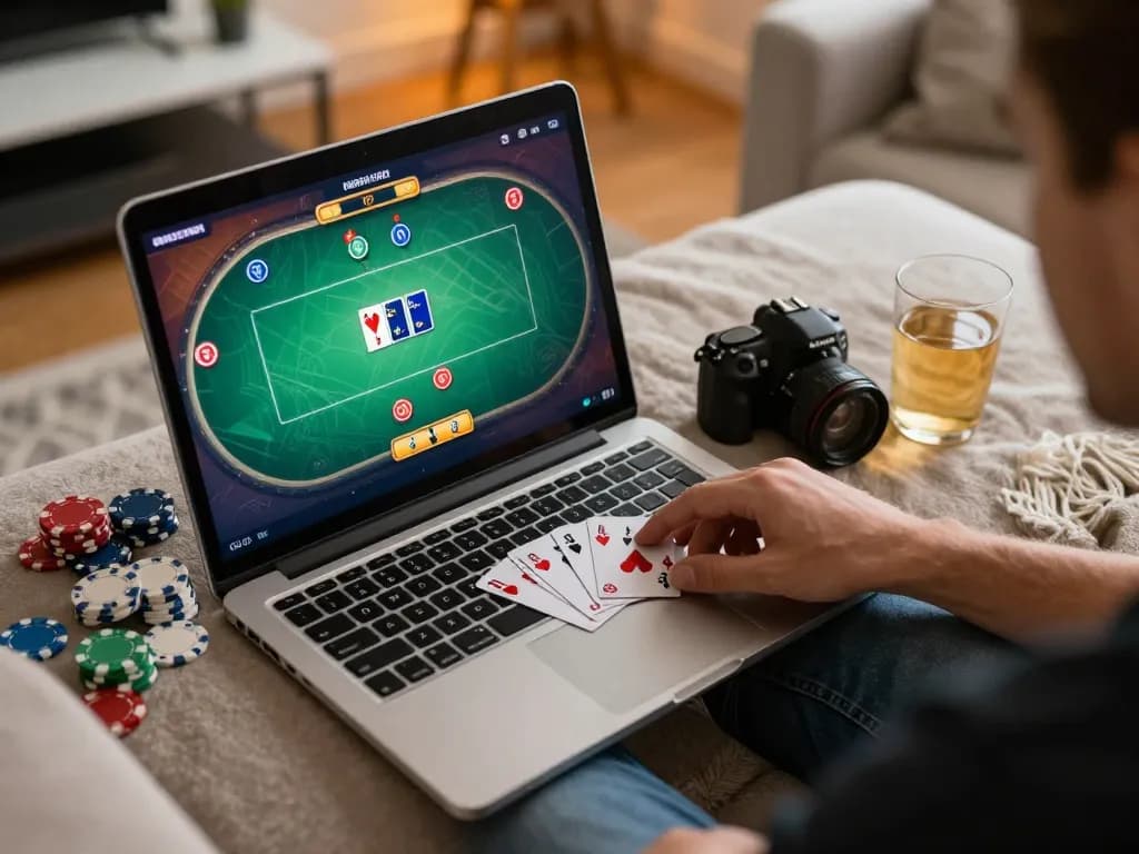 Engaging VSBET online poker gameplay showing cards and chips in a cozy home environment.