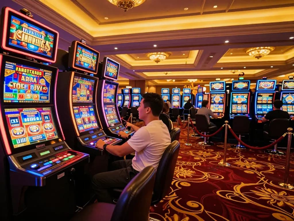 GO8 players engaging with vibrant slot machines, celebrating wins in an exciting casino atmosphere.