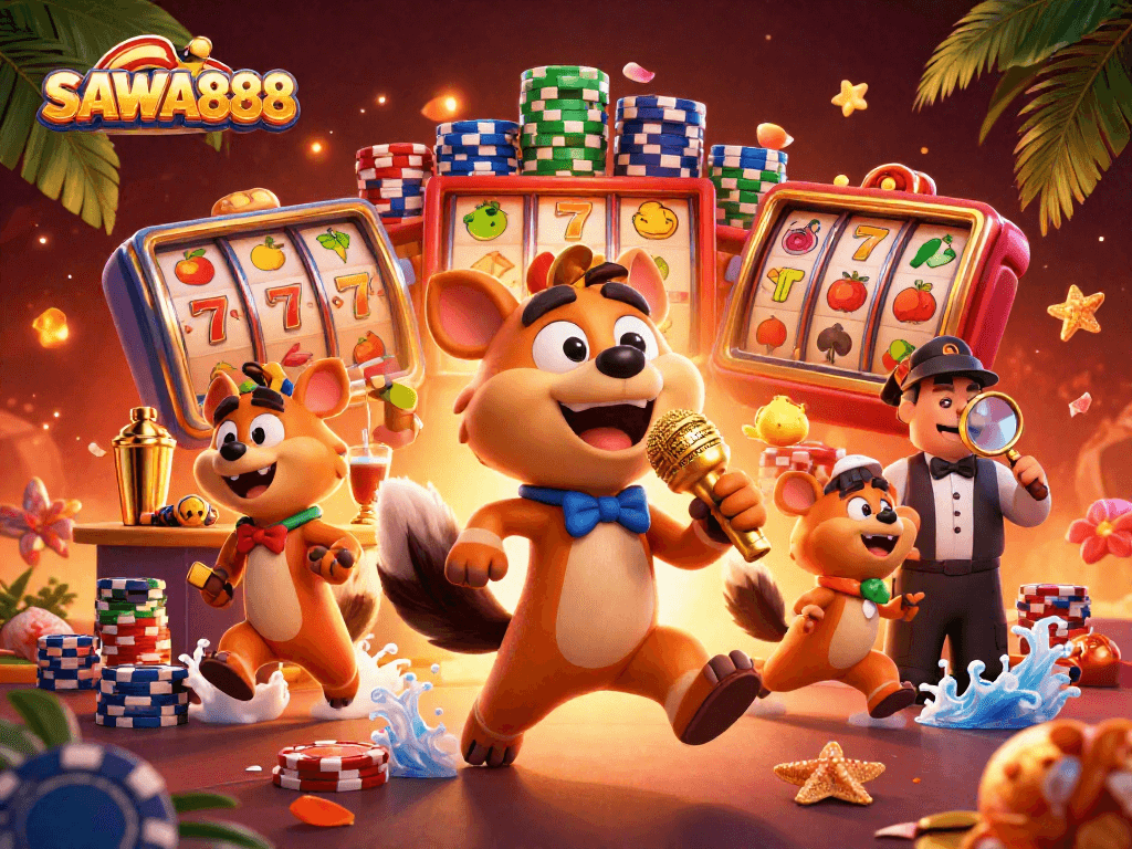 Engage with winning slots at SAWA888, featuring a lively comedy casino scene with hyenas and vibrant game symbols.