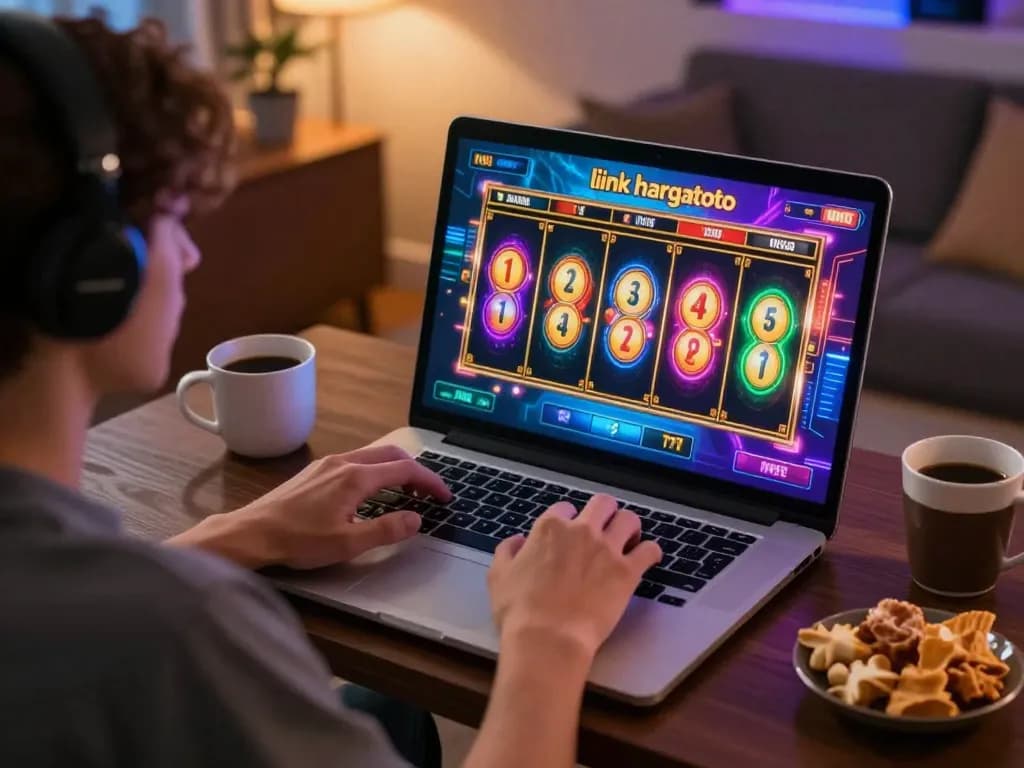 Rasakan keseruan permainan online dengan link hargatoto, menunjukkan pemain yang terlibat dalam memutar gulungan slot.