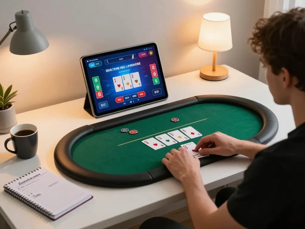 Engaging in poker on win678 com with a cozy home setup, showcasing online gambling excitement and strategy