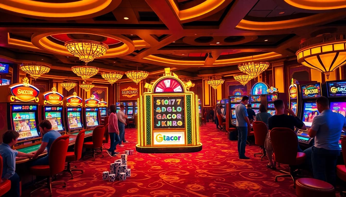 Experience exhilarating slot gacor action in a vibrant casino with dynamic gaming tables and players.