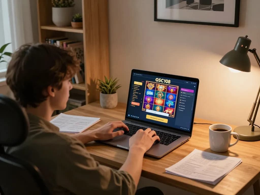 Sesi Login Gsc108 yang menarik di laptop dengan permainan slot berwarna-warni di lingkungan rumah yang nyaman