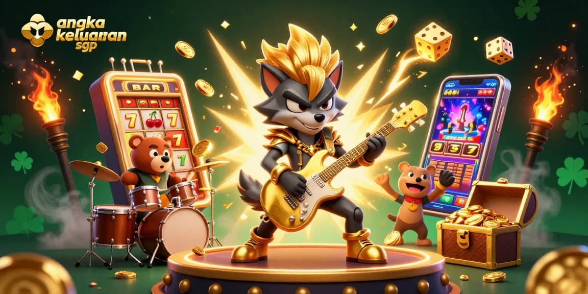 Engage with angka keluaran sgp through this vivid illustration of a rock star wolf in a vibrant casino setting.