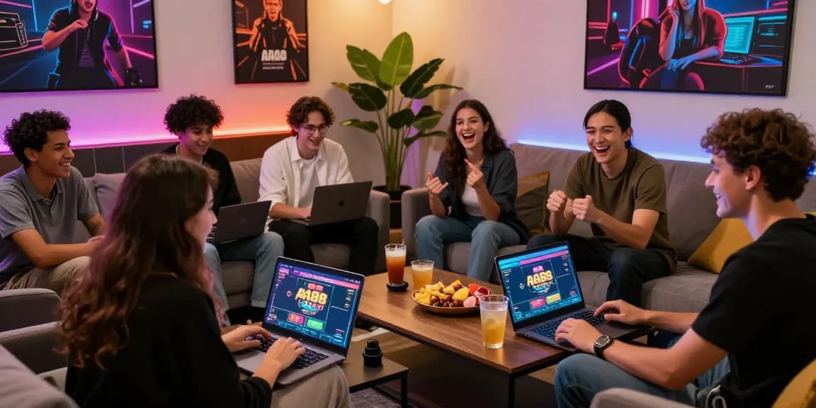 Engaging online gambling scene with friends using AA88 BET, modern lounge setting, vibrant atmosphere.