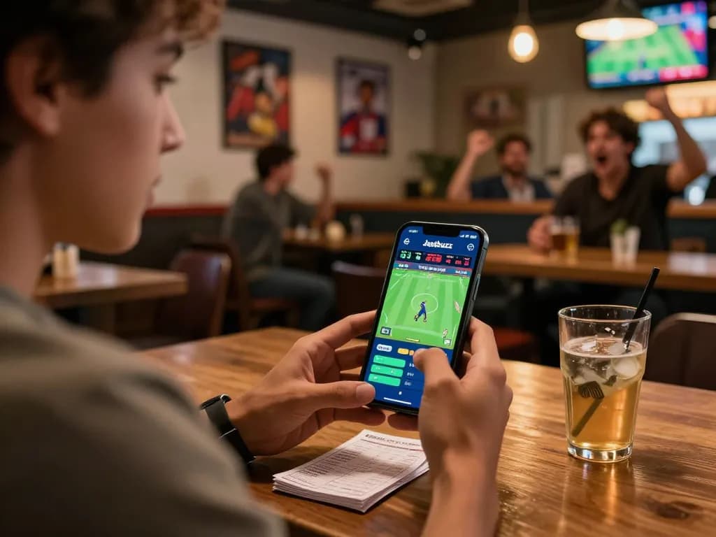 Using the Jeetbuzz App for mobile betting at a lively sports bar, showcasing excitement and strategy.