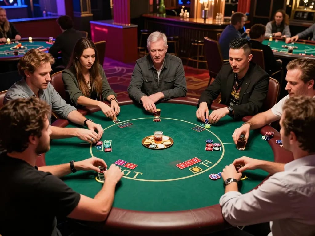 Engaged players at a high-stakes poker game at https://www.dacsandatphanrang.com/, showcasing competitive atmosphere amid luxurious decor.
