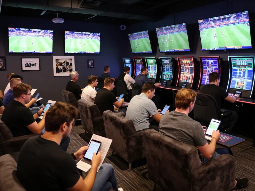 Engaged bettors placing bets on live sports at 8xbet betting lounge with vibrant atmosphere