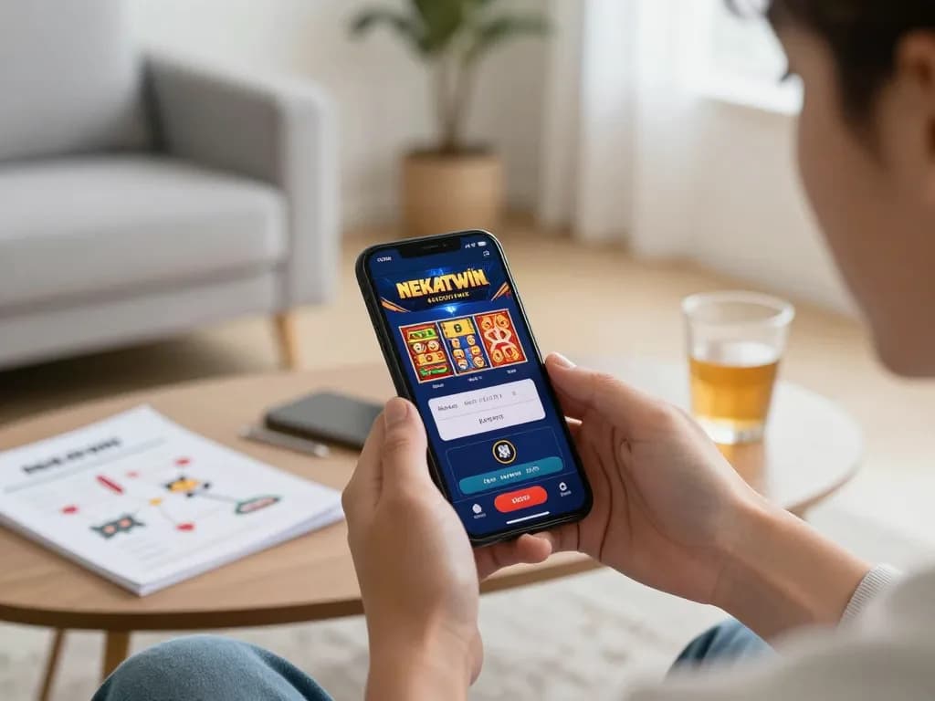 Nekatwin mobile gaming experience on smartphone, enjoying slots in a cozy home setting.