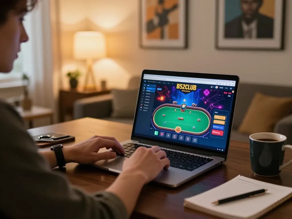 B52club player engaging with online poker game interface in a cozy home office setting