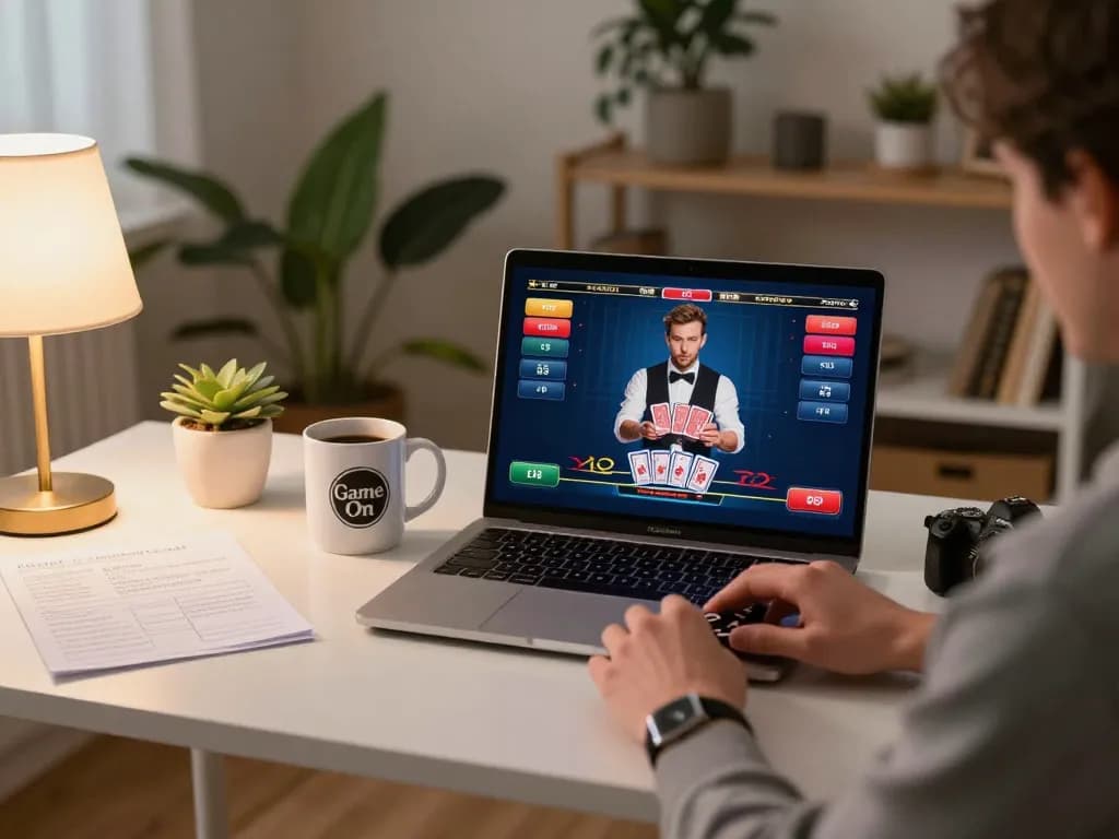 Playing live dealer blackjack on https://sc88.casino/ with strategic notes and coffee cup